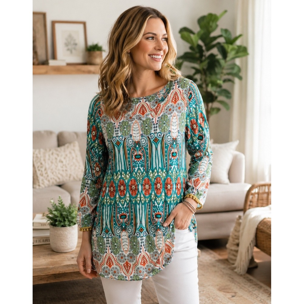 Boho Hippie Retro Peasant Blouse w/Pom Pom on Neck Sleeves ? size Small
